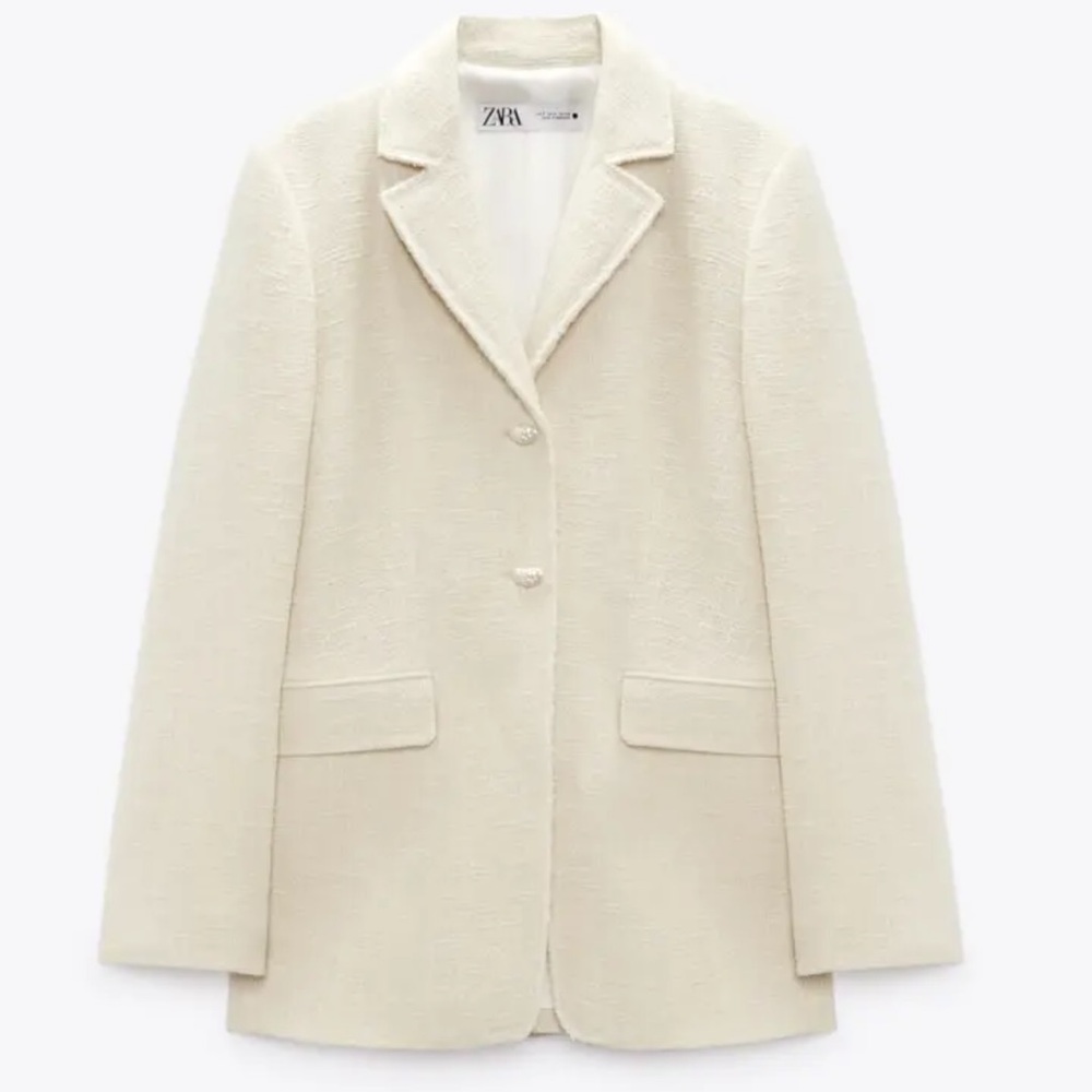 ZARA WOMEN TEXTURED POCKET BLAZER OYSTER WHITE JACKET 2696/467/251 S